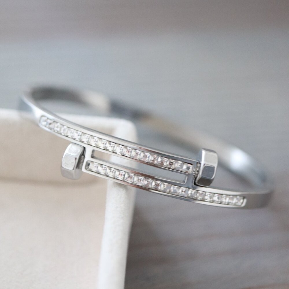Double Head Screw Style with Rhinestone Bangle Bracelet Silver Stainless Steel